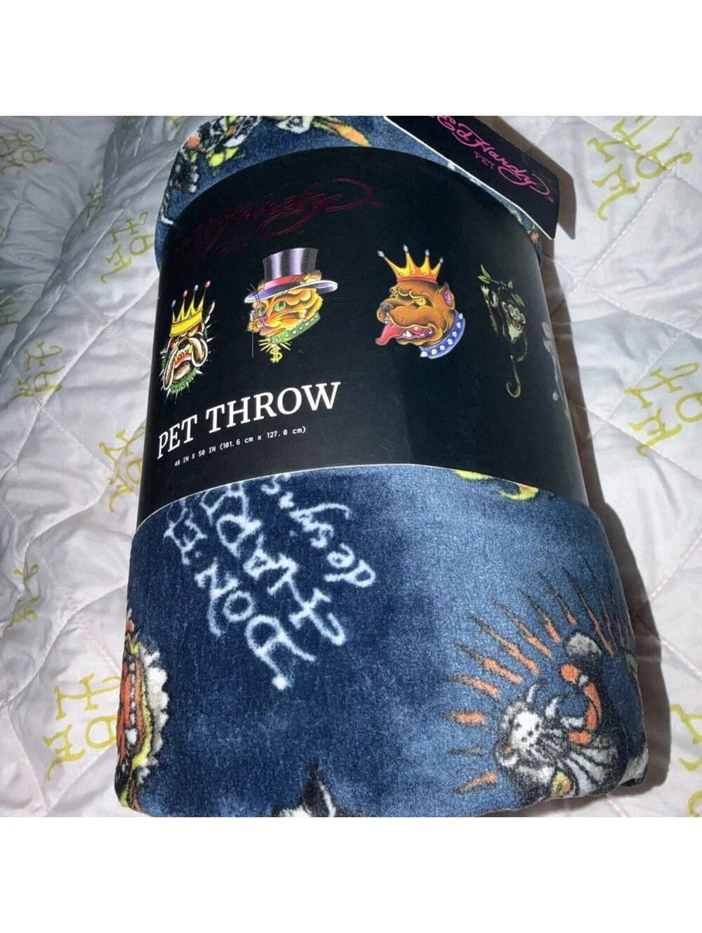 Ed Hardy navy blue Dog Blanket Throw Flowers tiger Asian True 40x50 NWT